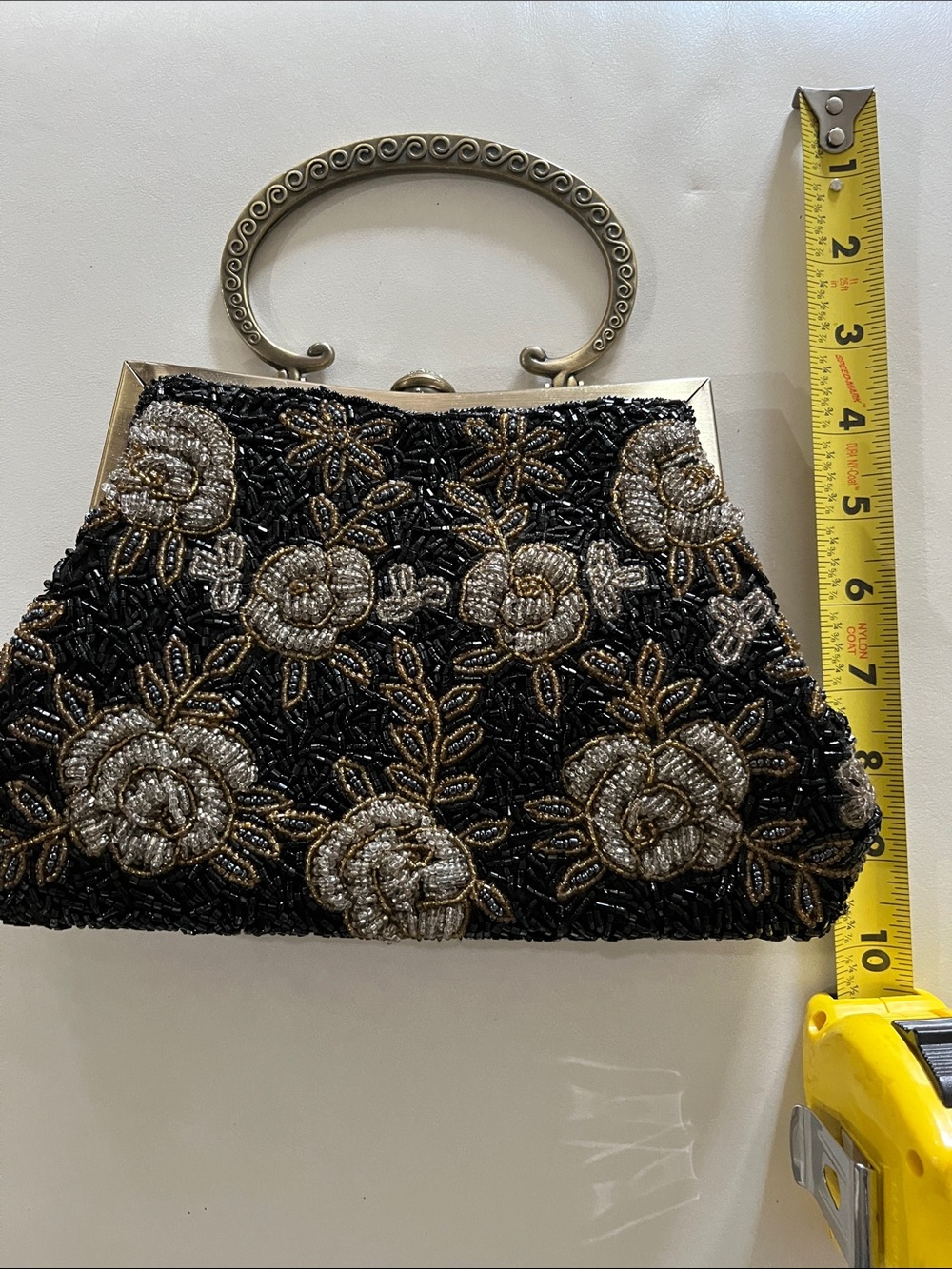 Vintage Beaded Floral Evening Clutch - Black and Gold